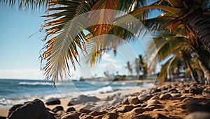 Tropical coastline, palm tree, sunset, wave, relaxation generated by AI