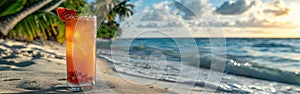 Tropical Cocktail on Beach with Palms and Ocean Panorama - Summer Vacation Background for Travelers