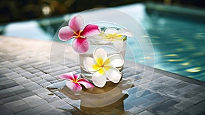 Tropical cocktail decorated with plumeria flowers by pool. Generative AI illustration