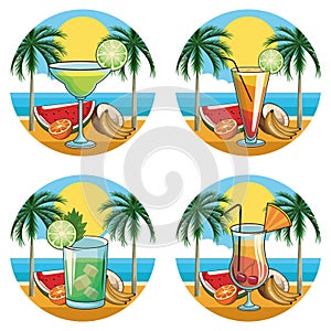 Tropical cocktail drinks icon set