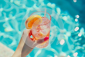 Tropical cocktail in female hand on background of swimming pool. Exotic summer