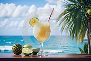 Tropical cocktail and fruits epitomizing a Caribbean vacation by the ocean, a serene beach holiday