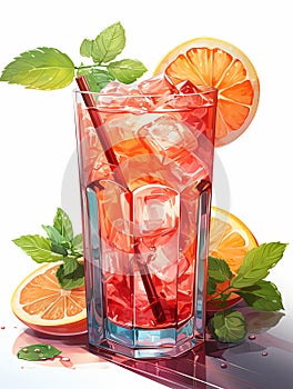 Tropical cocktail with ice cubes and orange slice modern illustration. Refreshing cool summer drink in the glass with fresh mint