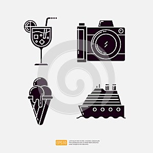 Tropical Cocktail Juice, Camera Photography, Melting Ice Cream Cone, Yacht Boat. Summer Vacation Solid Glyph Icon Vector