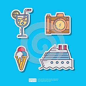 Tropical Cocktail Juice, Camera Photography, Melting Ice Cream Cone, Yacht Boat. Summer Vacation Sticker Icon Vector Illustration