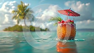 Tropical cocktail in ocean and small Island on the background. tropical drink with clear blue ocean wave. Travel