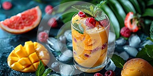 Tropical cocktail with passion fruit and berries, perfect for exotic drink promotions.