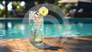 Tropical cocktail on poolside by pool. Generative AI illustration