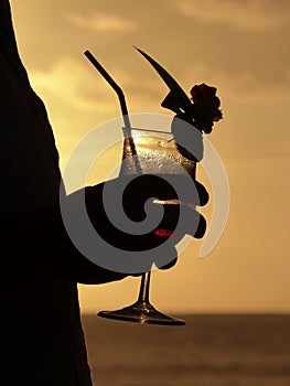 Tropical cocktail in silhouette at sunset