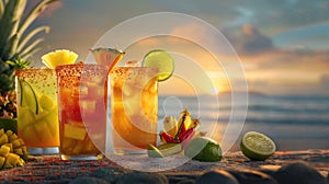 Tropical cocktails on beach at sunset. Refreshing summer drinks concept with ocean view, suitable for design and print in food,