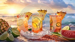 Tropical cocktails on beach at sunset. Refreshing summer drinks concept with ocean view, suitable for design and print in food,