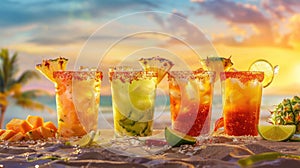 Tropical cocktails on beach at sunset. Refreshing summer drinks concept with ocean view, suitable for design and print in food,