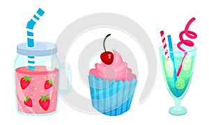 Tropical Cocktails in Glasses with Straw and Ice Cubes Vector Set