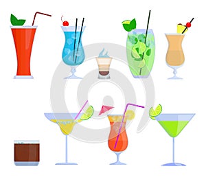 Tropical cocktails, juice, drink glass set isolated on white background. Alcoholic cocktails Bloody Mary, Mojito, Pina