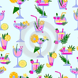 Tropical cocktails seamless pattern. Drinks, soda, juice