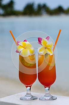 Tropical cocktails served outdoor in Aitutaki Lagoon Cook Island