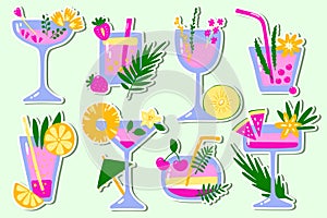 Tropical cocktails sticker set. Drinks, soda, juice