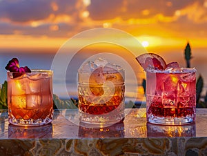 Tropical Cocktails at Sunset with Ocean View, Three Colorful Drinks on Outdoor Bar Counter during Golden Hour