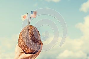 Tropical coconut with the American and Japanese flag in the form of a toothpick in female hands. Travel concept. Honeymoon