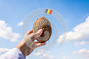 Tropical coconut with Belgium flag on the toothpick in female hands. Belgian tourist on vacation.  Travel concept.