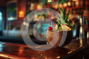 Tropical Coconut Cocktail on Bar Counter