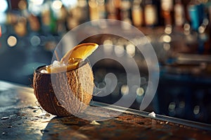 Tropical Coconut Cocktail on Bar Counter