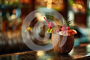 Tropical Coconut Cocktail on Bar Counter