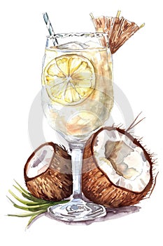 Tropical Coconut Cocktail with Splashes and Umbrella in Watercolor Style