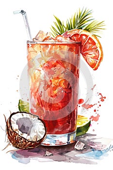 Tropical Coconut Cocktail with Splashes and Umbrella in Watercolor Style