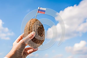 Tropical coconut with Russian flag on the toothpick in female hands. Russian tourist on vacation.  Travel concept.