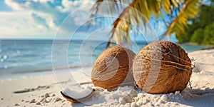 Tropical coconuts on pristine beach, evoking a paradise escape. Concept of travel, exotic destinations, and natural