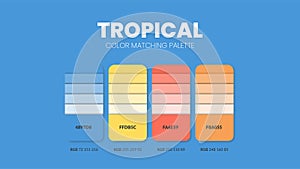 Tropical color guide book cards samples. Color theme palettes or color schemes collection. Colour combinations in RGB or HEX. Set