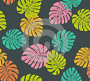 Tropical colorful monstera leaves seamless pattern
