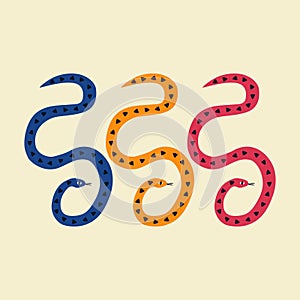 Tropical colorful snakes hand drawn vector illustration. Isolated mangrove serpents in flat style for logo.