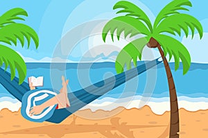 Tropical colorful summer beach, palm leaves, girl relaxing in hammock with book. Template for invitation, sale, poster