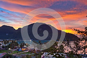 Tropical colorful sunset around Phi Phi island