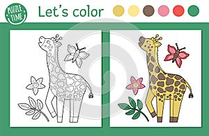 Tropical coloring page for children. Vector giraffe illustration. Cute funny animal character outline. Jungle summer color book