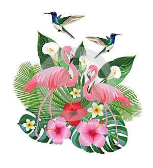 Tropical composition with hummingbirds and flamingos. Vector illustration.