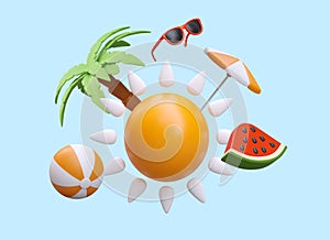 Tropical concept. 3D sun, ball, watermelon, palm tree, beach umbrella, sunglasses