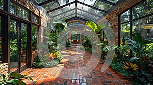 Tropical conservatory with exotic plants and a glass roof