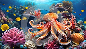 tropical coral reefs, deep sea wallpaper with octopus, shells, fish in the depths of the bay