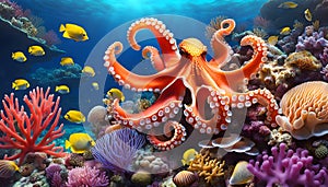 tropical coral reefs, deep sea wallpaper with octopus, shells, fish in the depths of the bay