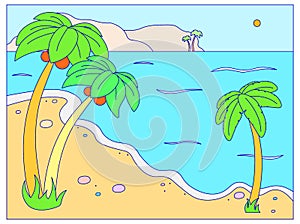 Tropical country sundown landscape, palm tree forest on ocean sand beach, calm sea relaxing place cartoon line vector