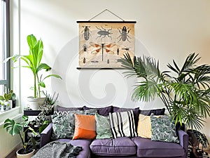 Tropical cozy living room with numerous houseplants and vintage insect poster on the wall