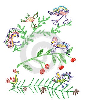 Tropical crazy fantastic doodle birds animal or insect set on plant branch in forest.