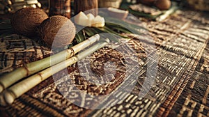 Tropical culinary table setting with coconuts, cheese, and sugar cane