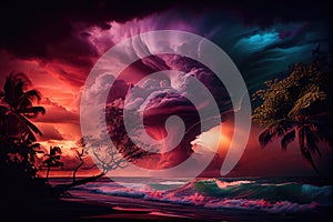 tropical cyclone, with massive storm clouds and powerful winds, in dramatic sunset sky