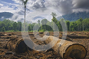 Tropical Deforestation Logged Trees on Barren Land