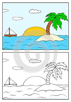 Tropical desert island with palm tree, sun and ship in ocean. Summer sunset landscape. Cartoon vector outline and colored