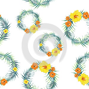 Tropical plants, exotic flowers and leaves seamless pattern on a white background. Vector illustration. Tropical lilies.